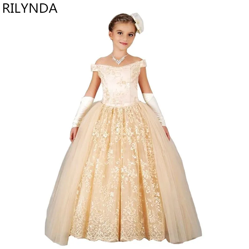 

New Arrivals Flower Girls Lace Appliques Cap Sleeve Ball Gowns Beading Floor Length Pageant First Communion Dresses Wedding Gown