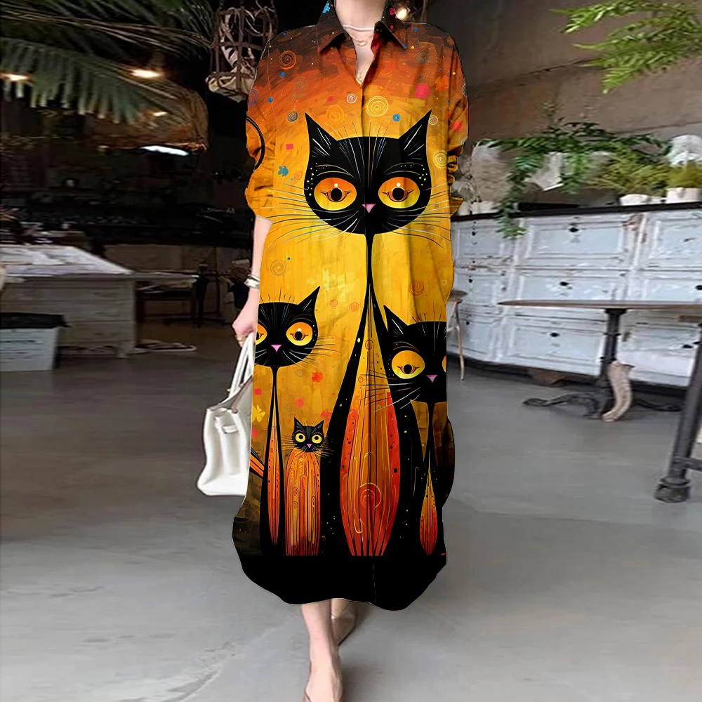 Vestido estampado gráfico de gato pintado a mano de diseño personalizado 2024 otoño elegante manga larga botón abajo camisa vestido de noche Vestidos de Noche