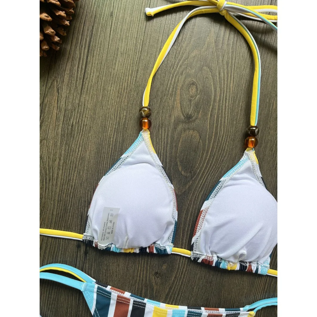 Neuer gestreifter Neckholder-Bikini, Damen-Badeanzug, zweiteiliges Bikini-Set mit hohem Beinausschnitt, Badebekleidung, Badeanzug, Schwimmanzug V8500 – Detail 5