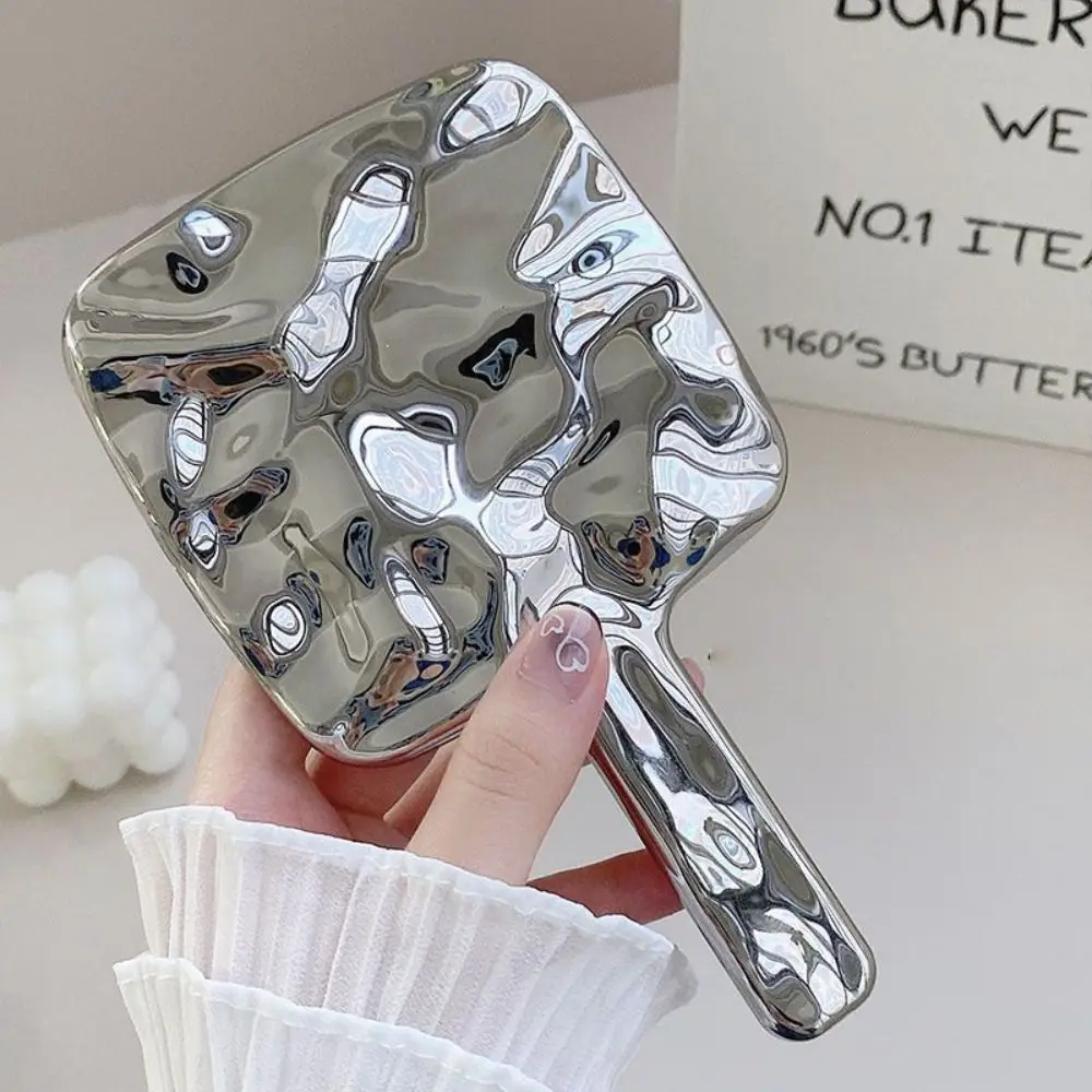 Espejos de maquillaje de belleza HD, espejo de maquillaje pequeño con mango galvanizado, diseño de onda plateada, portátil, redondo, cuadrado de mano