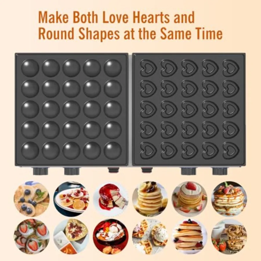 Mini Pancake Maker for Commercial Use with Non-stick Surface Produces 50 Round and Heart-Shaped Pancakes Dual Thermostats and T