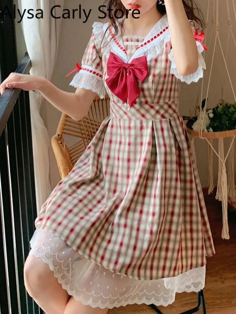 Japanese Kawaii Fairy Dress Women Summer 2022 Lace Plaid Vintage Party Mini Dress Female Bow College Style Princess Casual Dress