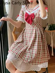 Japanese Kawaii Fairy Dress Women Summer 2022 Lace Plaid Vintage Party Mini Dress Female Bow College Style Princess Casual Dress