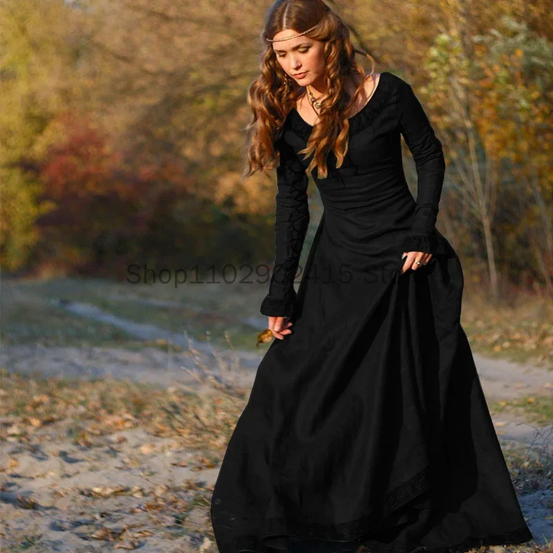 Women Medieval Vintage Dress European and American Classical  European Central Party Long Sleeve Round Neck Dress