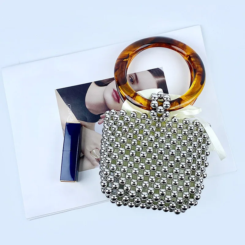 24 new niche designs, high-end textured beaded woven bead bag, circular ring portable bucket bag