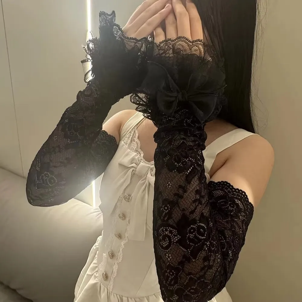 

Hollow Out Lace Fingerless Gloves Elegant Floral Ruffle Trim Bridal Wrist Gloves Bowknot Elastic Yarn Long Hand Sleeves