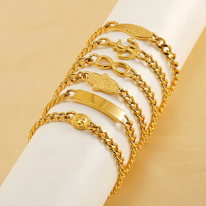 

5Pcs Fashion Stainless Steel Gold Plated Charms for Jewelry Making with Cuban Link Chain Bracelets for Women and Men