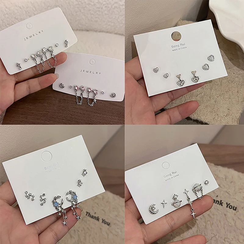 6 יח'\סט y2k bowknot לב zircon עגילים לנשים בנות כוכב אופנתי ירח פירסינג עגילים מתוק מגניב מתוק