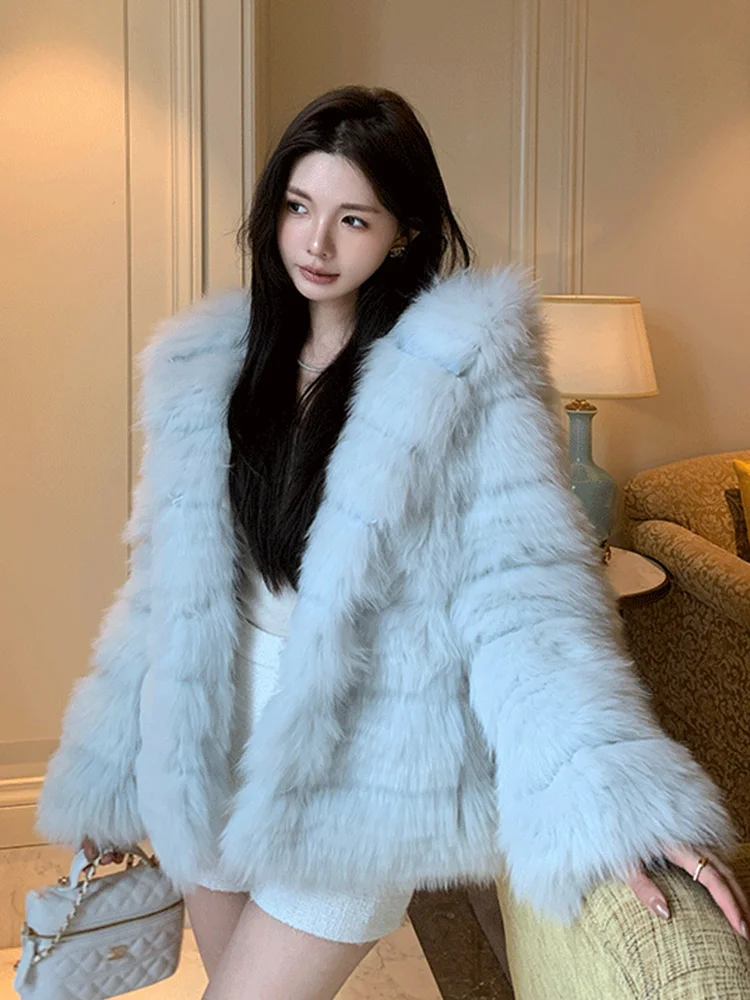 Giacca invernale da donna in pelliccia di volpe naturale con striscia di pelliccia cucita stile Toghter caldo spesso giacca casual con cappuccio cappotto caldo capispalla