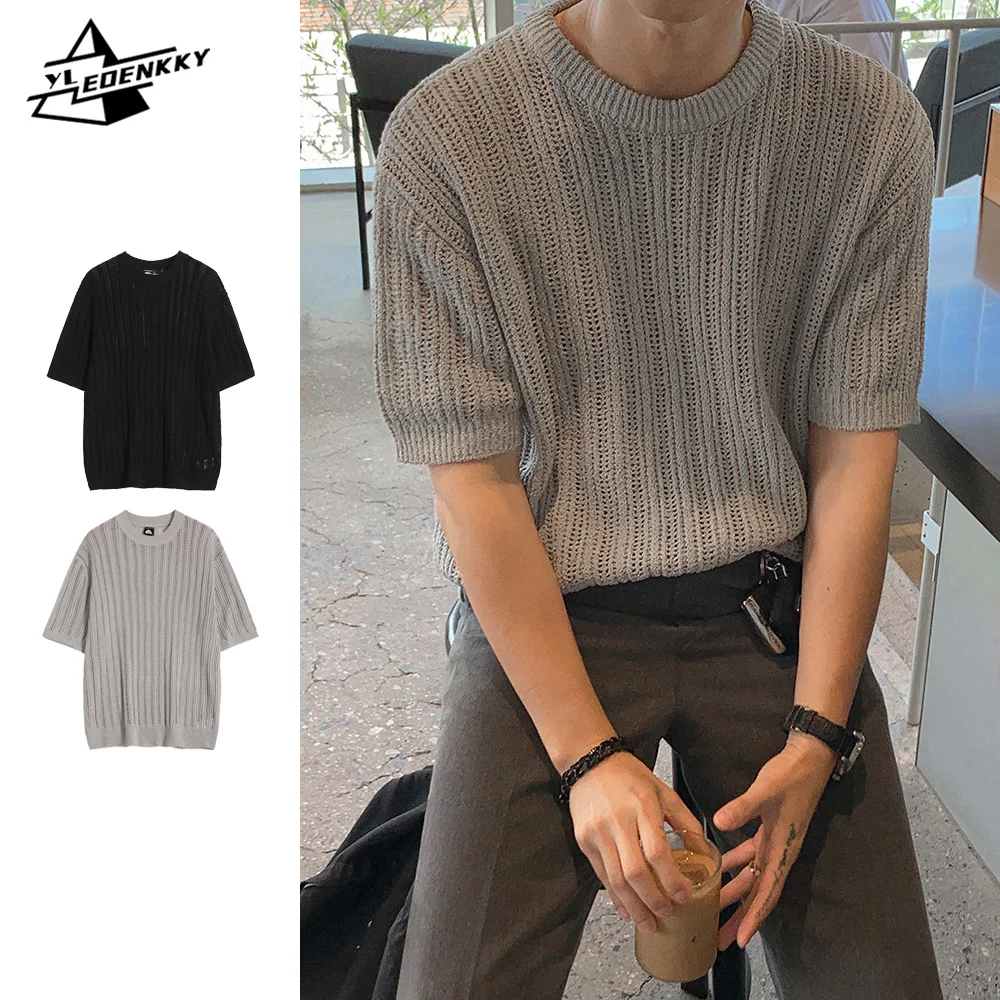 

Hollowed-out Knit T-shirt Men's Korean Loose Crewneck Short-sleeved Tops Summer Thin Fashion Niche Tees Solid Color Streetwear