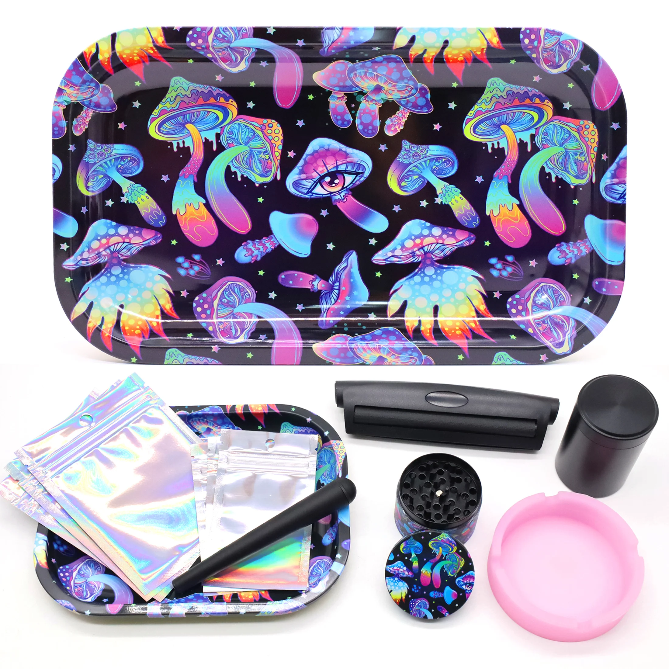 A set of creative mushroom smoking set, including creative rolling tray, pink silicone ashtray,smoking accessories,Holiday gift