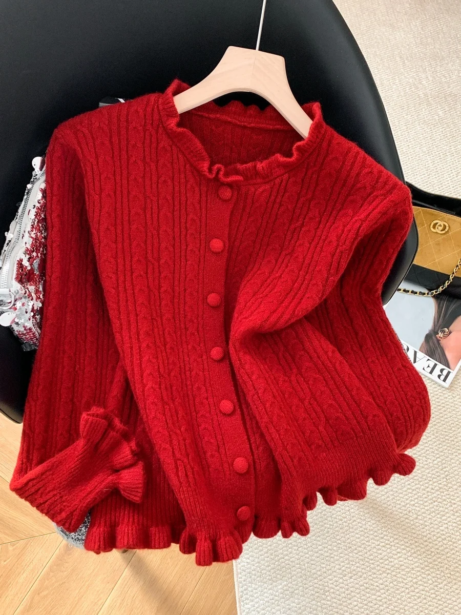 

Red round Ne Knitted Open Cardigan Women's Spring Autumn Beautiful White Enhancing Lazy Aosphere Year Sweater