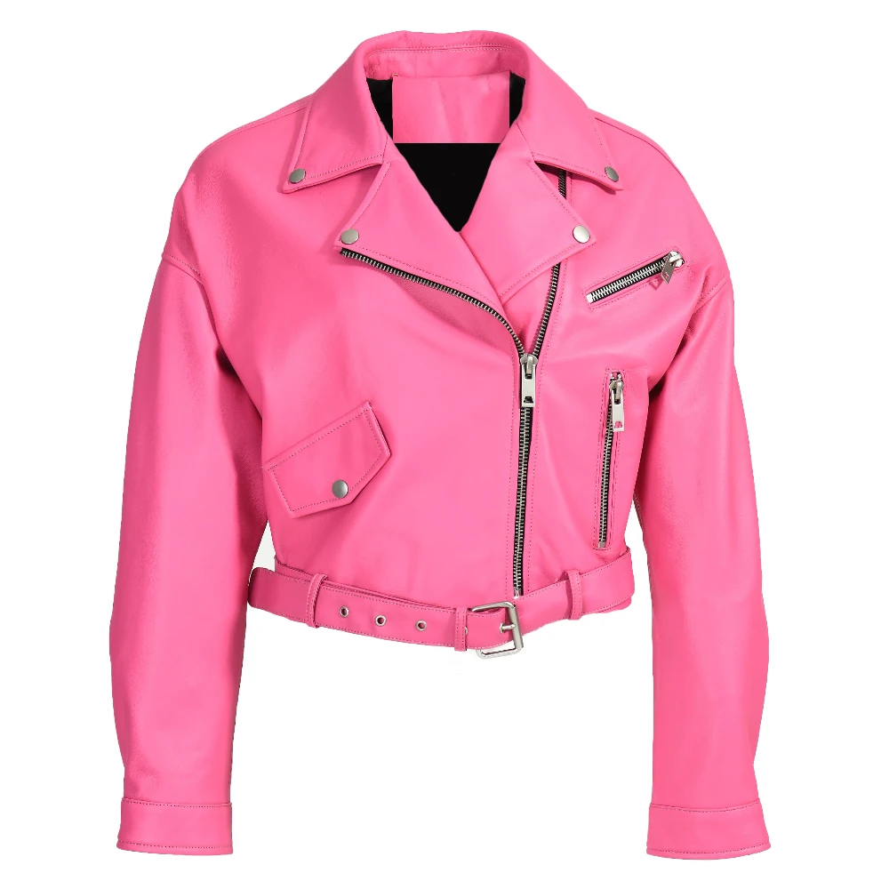 Jaxmonoy Women's Real Leather Jacket 2026 Spring New Arrival Loose Style Sheepskin Coat Ladies Fashion Moto Biker Zipper Jackets