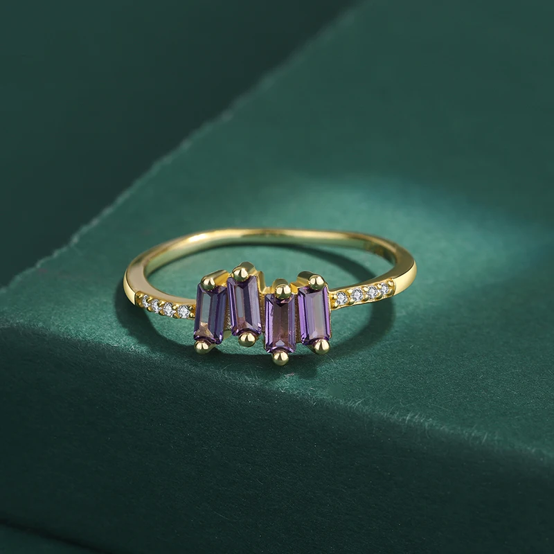 Delicate 18K Gold Baguette Amethyst Couple Rings For Women Geometric Authentic Original Sterling Silver Valentine Gift Jewelry