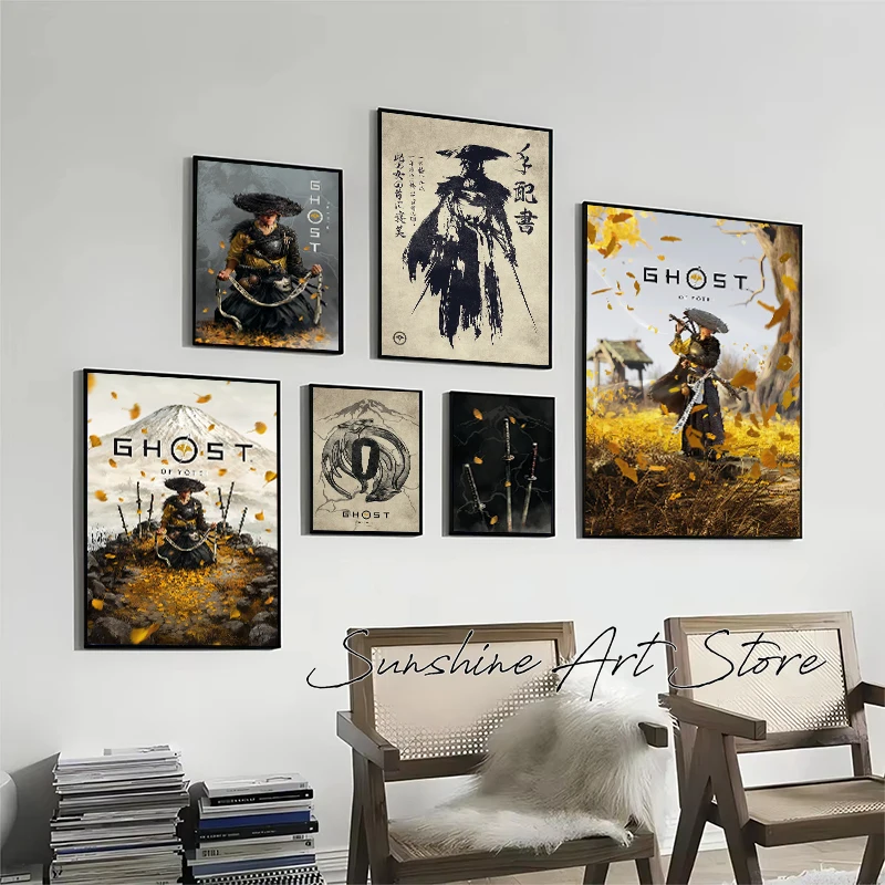 Video Game Ghost of Japanese Samurai Swordsman Single Ghost Vintage Ink Art Poster Canvas Painting Wall Picture Gamer Home Decor