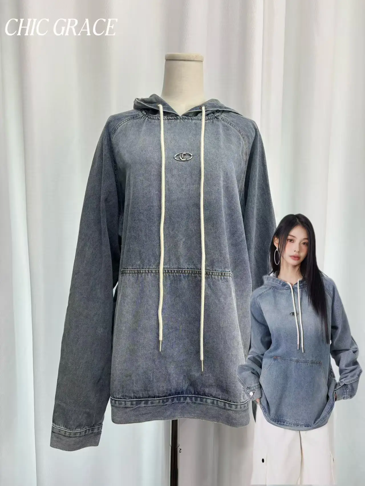 

Real shot Vintage Washed Denim Hoodie Women's American Streetwear Oversized Drop Shoulder Sweatshirt Retro Casual Loose Long Sle