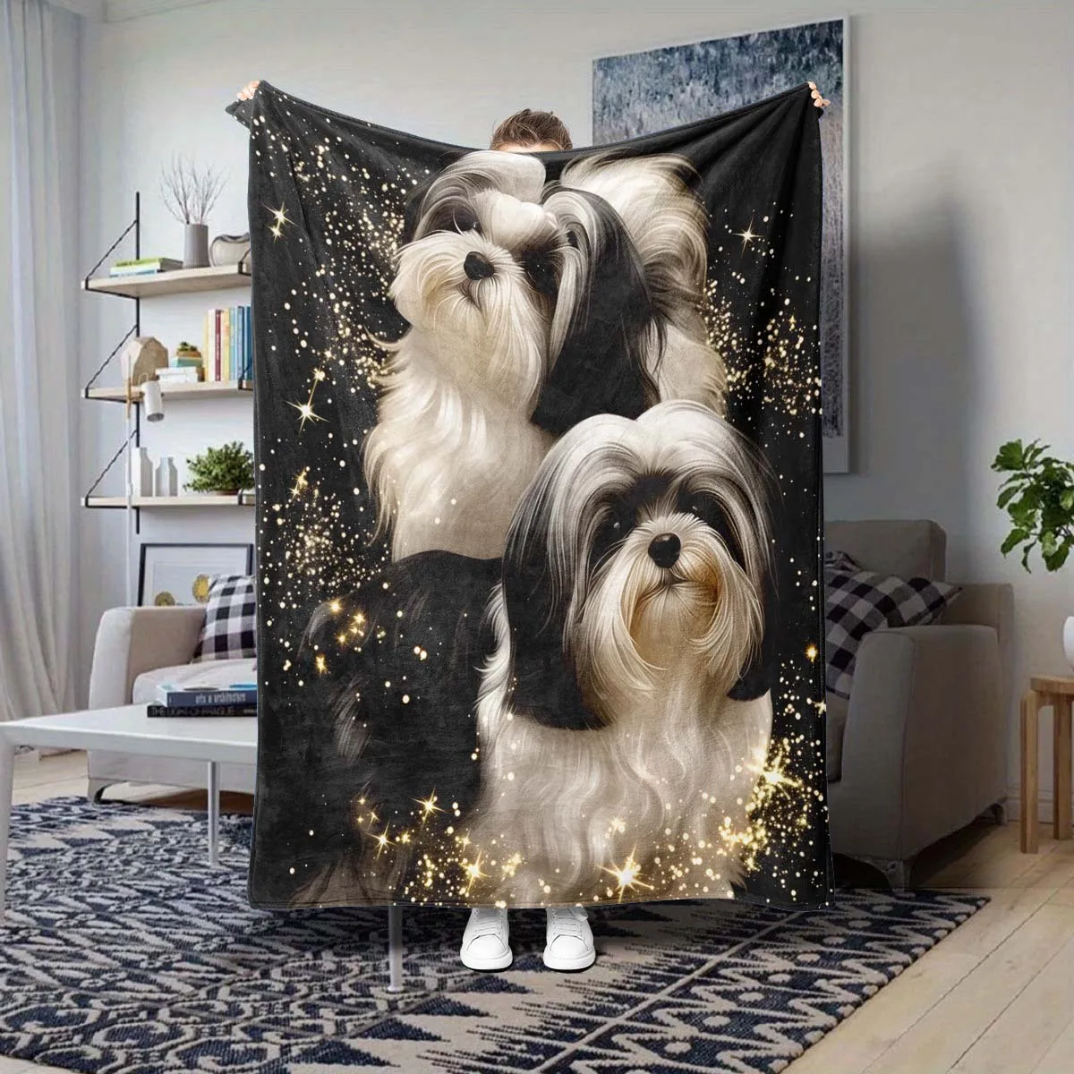 1pc Fluffy Throw Blanket, Shih Tzu Glitter Print, Warm Blanket for Sofa Bedroom, Camping Decor Gift