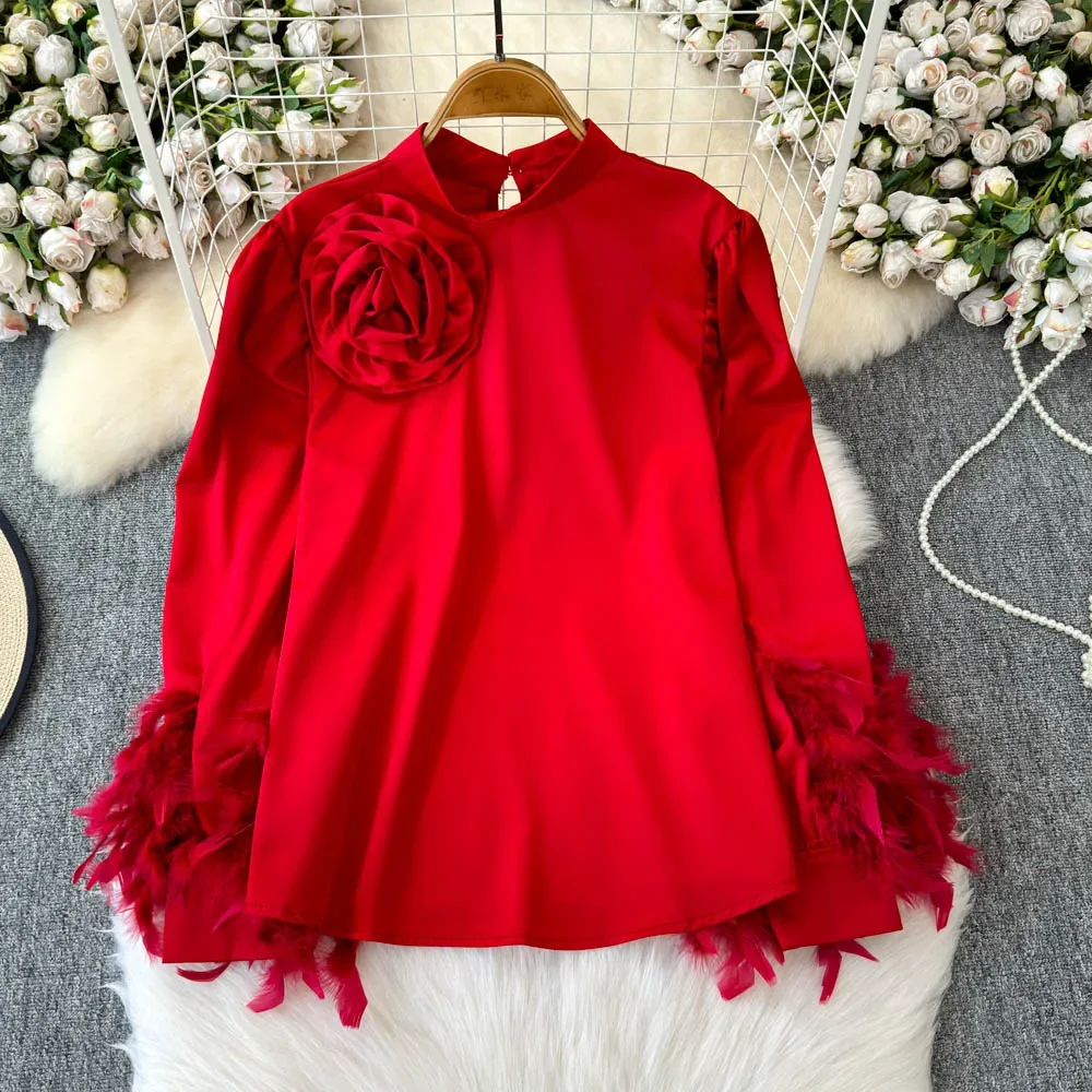 

Basics Feather Long Sleeves Stand Collar Chic Three-dimensional Floral Loose Satin Top French High Street Autumn Women Blouse