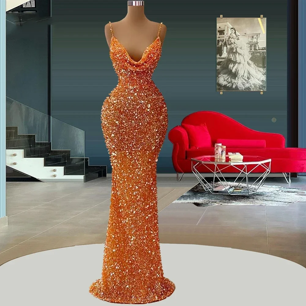 Flavinke Customize Orange Sparkling Mermaid Evening Dresses Women V Neck Sleeveless Princess Prom Gowns Formal Beach Party Robe