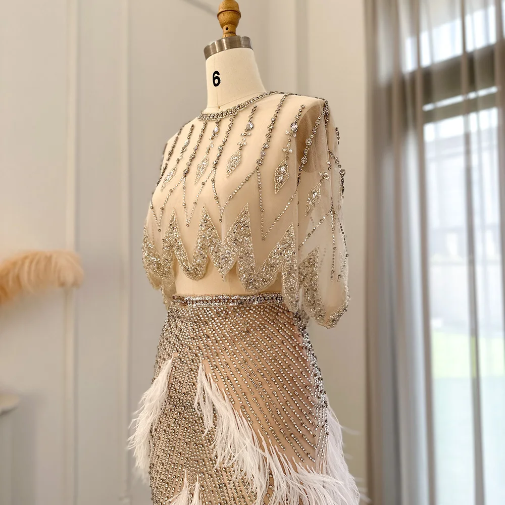 Sharon Said Piume di perline di lusso Due pezzi Abito bianco Abiti da sera di media lunghezza per la festa nuziale di Dubai SS363 Personalizzato