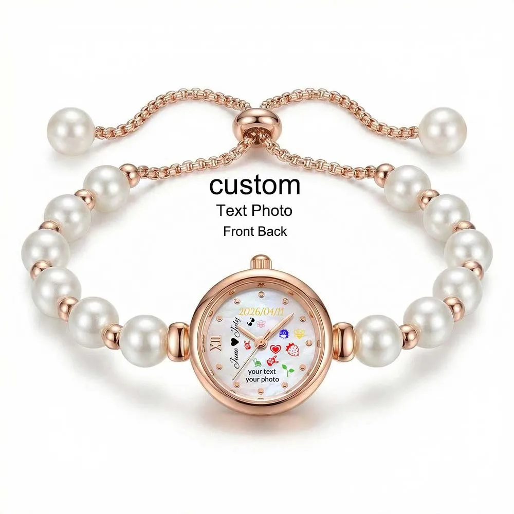 Custom Photo Text Women's Quartz Watch Mother Of Pearl Adjustable Beaded Bolo Chain Small Dial Pull-out