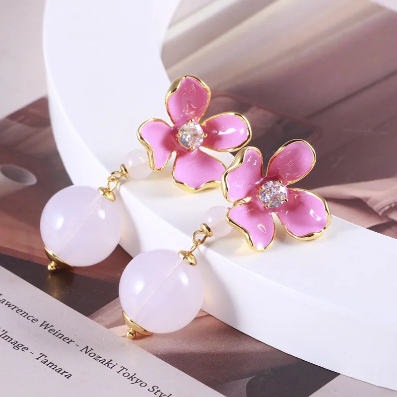 Fashion enamel color glaze sparkling diamond sweet age-reducing flower three-dimensional pink ball fashion earrings mixed batch