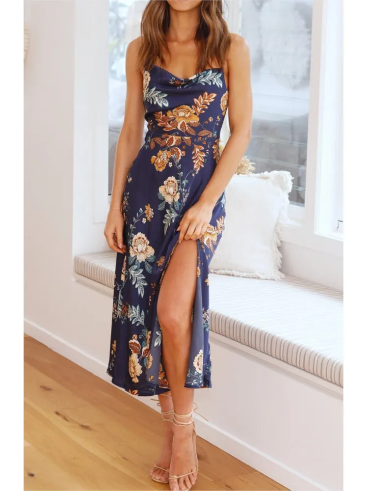 

Summer Floral Print Split Dresses Women Sexy V-neck Paghetti Strap Backless Midi Dresses Casual Sleeveless Lady Holiday Dress