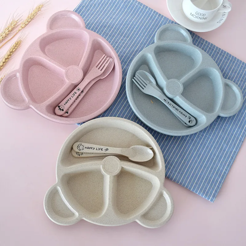 3-Piece Cute Divided Dining Plate for Children\'s Bowls Solid Color Fork Spoon Sucking Tableware Set with Wheat Material