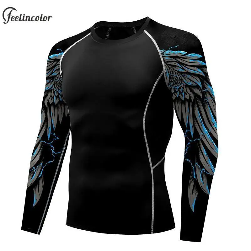 Eagle Wings Compression T-Shirts for Men Gym Fitness Workout Tops Long Sleeves Quick Dry Black Shirts Male Outdoor Sport Clothes