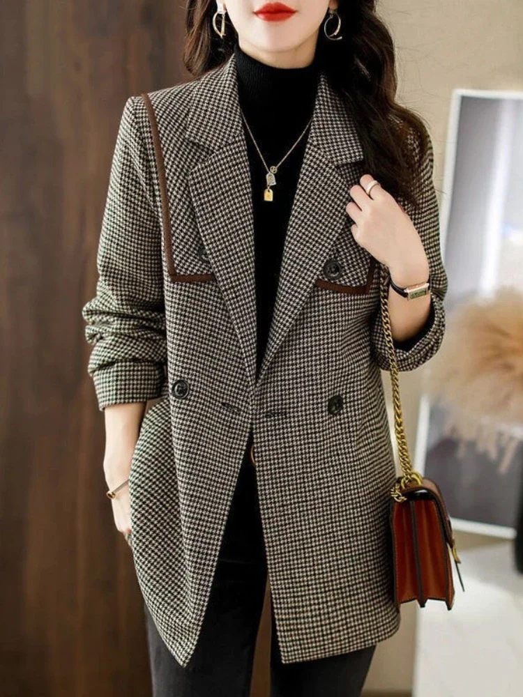 

Coats for Women Autumn Winter Houndstooth Lapel Double Breasted Woolen Long Sleeve Top Outerwears Blazer Jackets Women Clothing