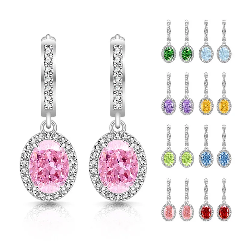 925 Sterling Silver colorful Treasure Ice Flower Cut Pigeon Egg Earrings, Super Sparkling Diamond Egg Shaped Ear Hook