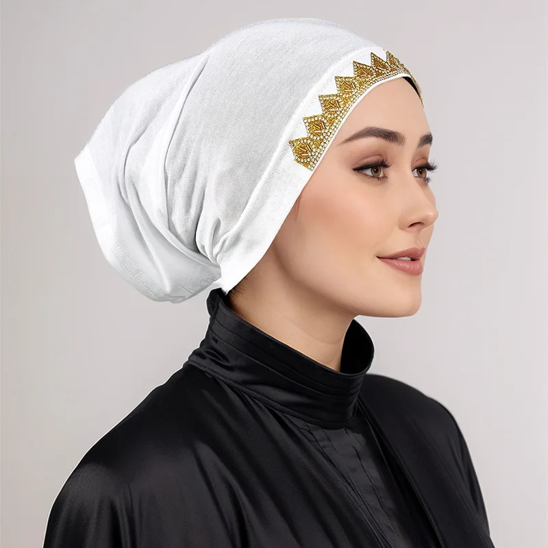New Hot Sale Leaf Rhinestone Mercerized Cotton Tube Hat, Malaysia Fashion Versatile Small Pull-On Cap Cross Border