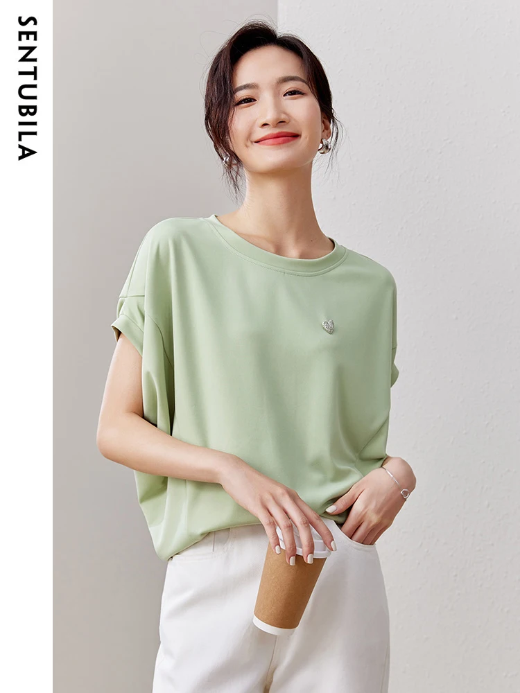 SENTUBILA Women\'s Solid Bat Sleeve T-shirt 2024 Summer New Casual Loose Round Neck Office Lady Temperament Simple Top 132T49545