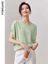 SENTUBILA Women's Solid Bat Sleeve T-shirt 2024 Summer New Casual Loose Round Neck Office Lady Temperament Simple Top 132T49545