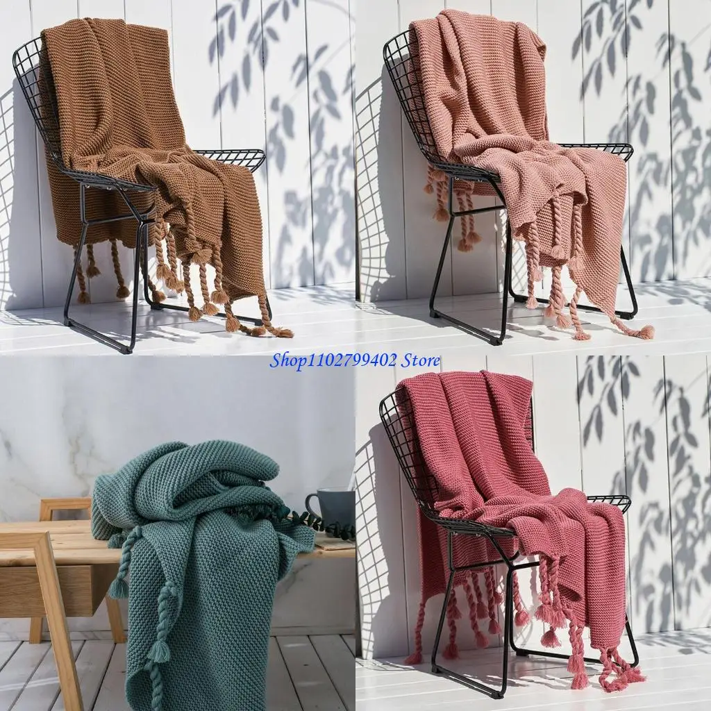 547F Chunky Knit Throw Blanket Solid Color Braided Tassels Soft Warm Sofa Shawl Cover