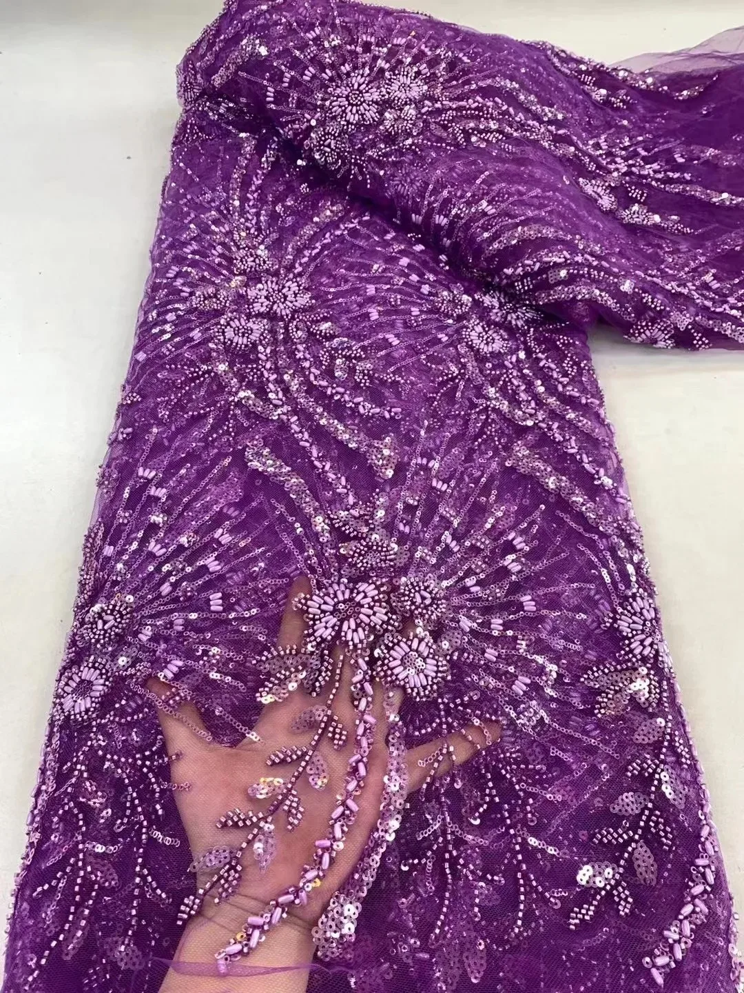 

5 Yards Latest African Lace Fabric, Luxury French Sequins, Mesh Lace Fabric, High-end Handmade Beaded for Wedding Sewing Dresses