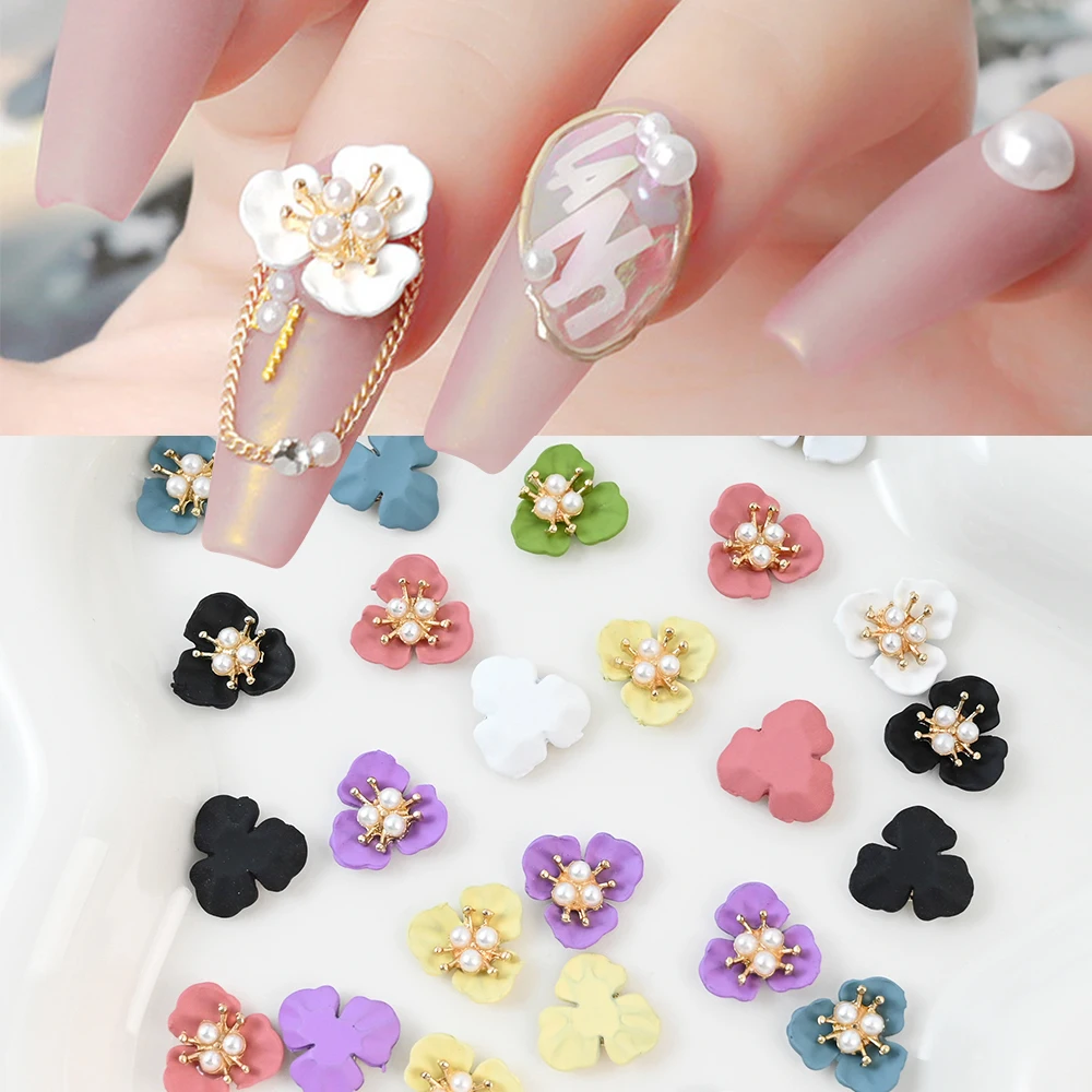 10pcs Nails Art Pearl Metal Flowers 3D Nail Charms Rhinestone Three -Petal Floral for DIY Manicure Decoration Jewelry Gems