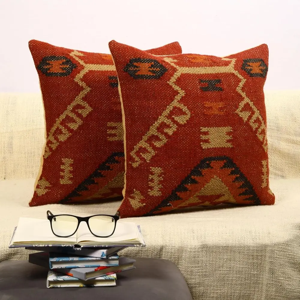 

Handwoven Kilim Jute Wool Cushion Covers, 18x18 Inches, Decorative Throw Pillowcases