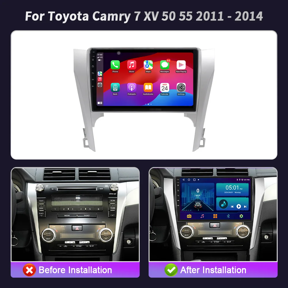 Wireless Carplay GPS BT Multimedia Stereo Screen For Toyota Camry 7 XV 50 55 2011-2014 Car Radio Android 14 WIFI Navigation