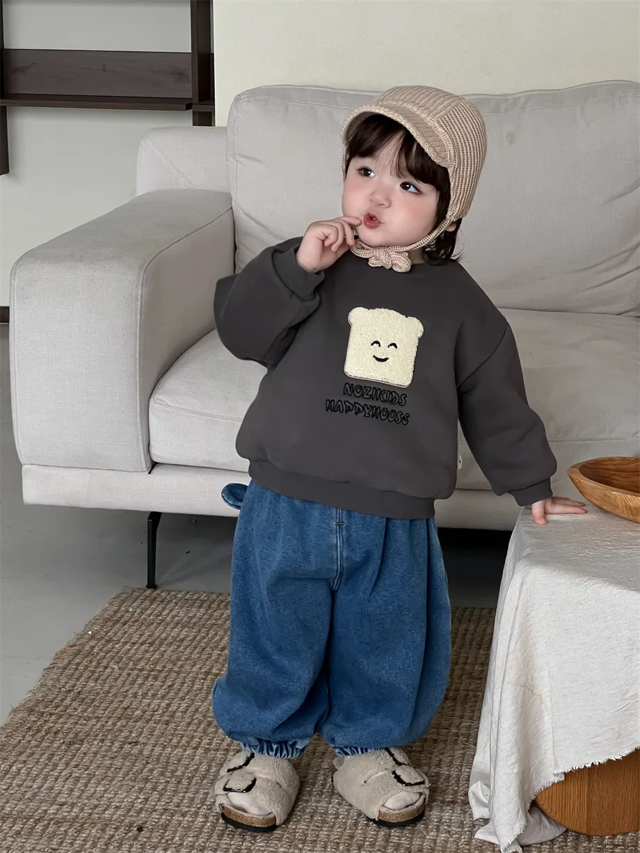 

2025 Winter New Baby Fleece Sweatshirt Infant Boy Girl Letter Print Cartoon Sweatshirt Plus Velvet Thick Toddler Warm Pullover