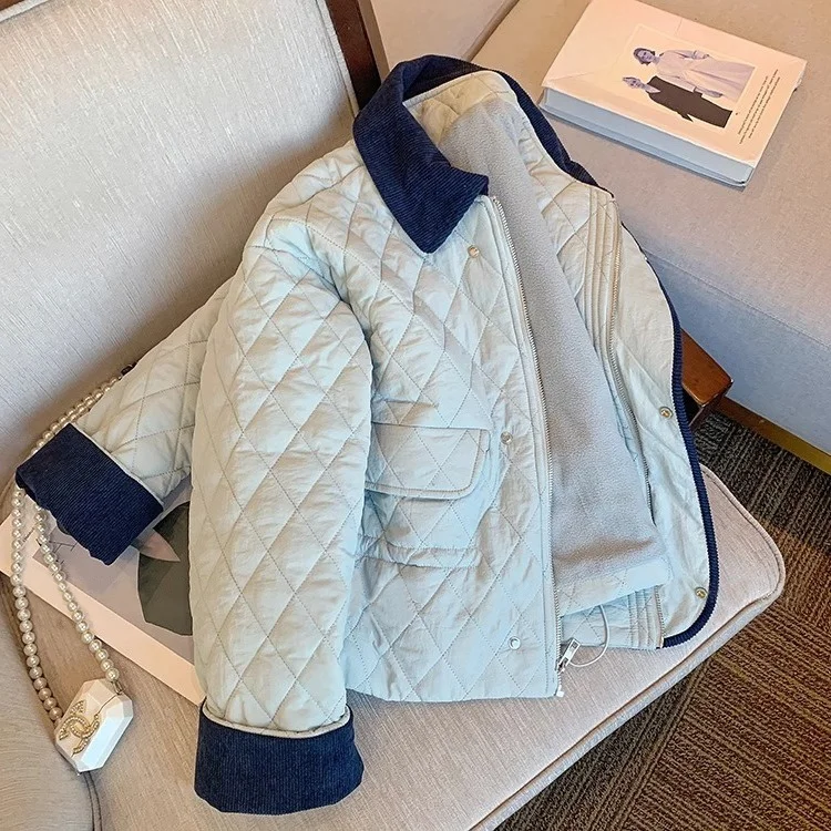 

Retro American Color Block Collar Diamond Pattern Cotton Jacket Women's Autumn Winter Korean Style Warm Trendy Cotton Coat