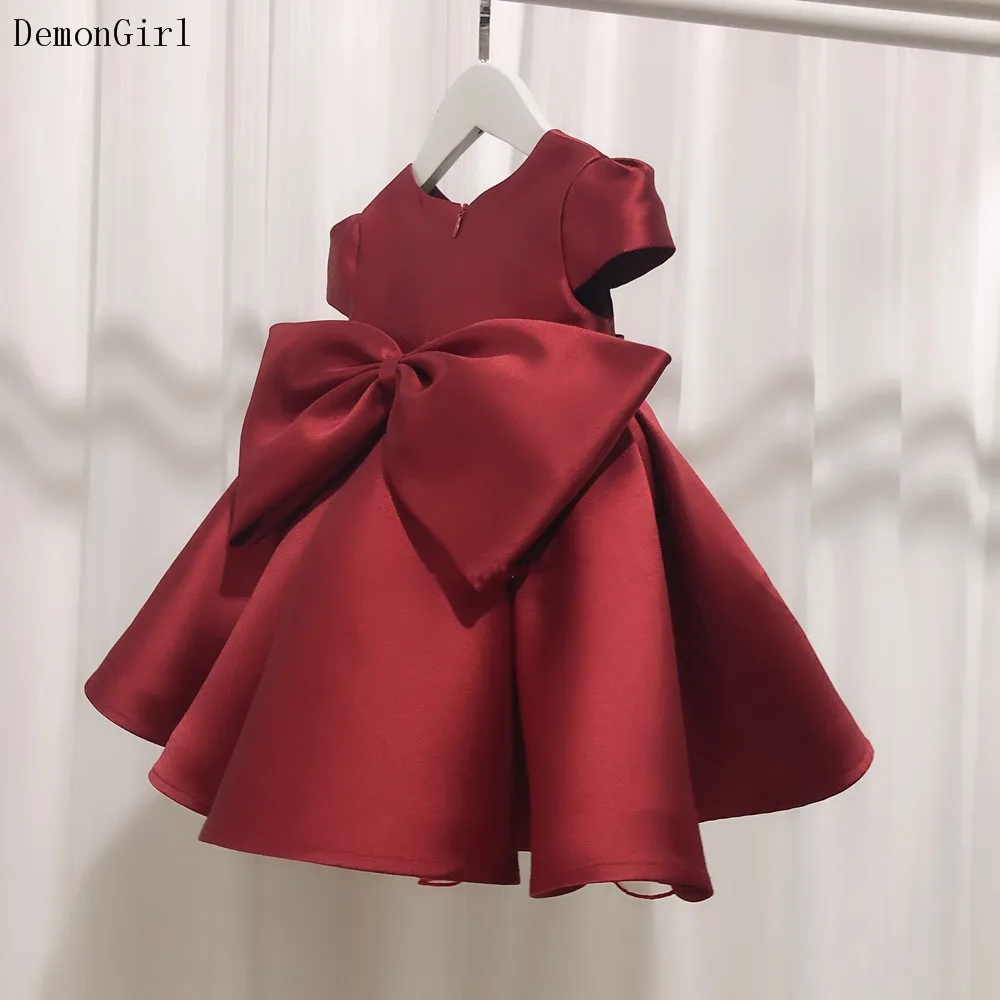 Burgundy Flower Girl Dress Big Satin Bow Kids Baby Girl Birthday Party First Communion Ball Gown with Coat