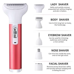 USB 5 IN 1 Epilator Electric Eyebrow, Nose Trimmer Female Body Facial Portable Hair Removal Painless Razor Shaver Tool