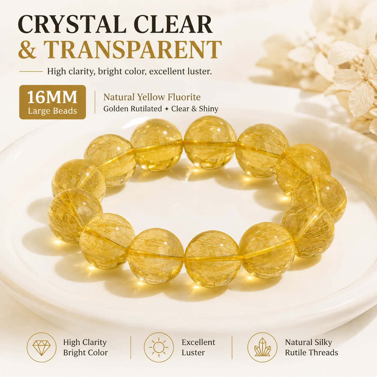 Natural Yellow Fluorite Bracelet 16mm Golden Silky Thread Beads Clear Stretch Gemstone Jewelry for Men Women Gift