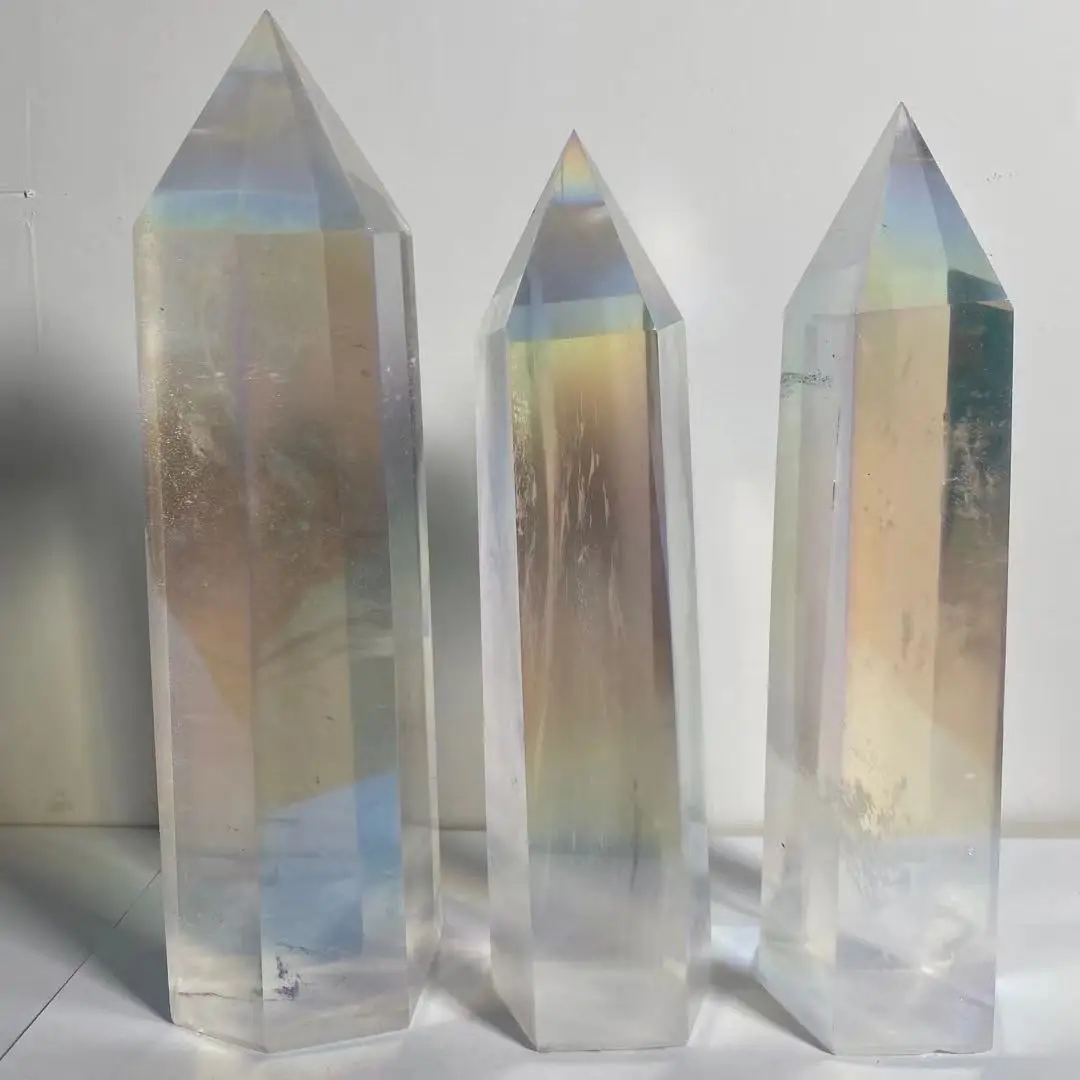 

3pcs Beautiful rainbow aura Melting stone Crystal tower Crystal wand Reiki healing 2700g