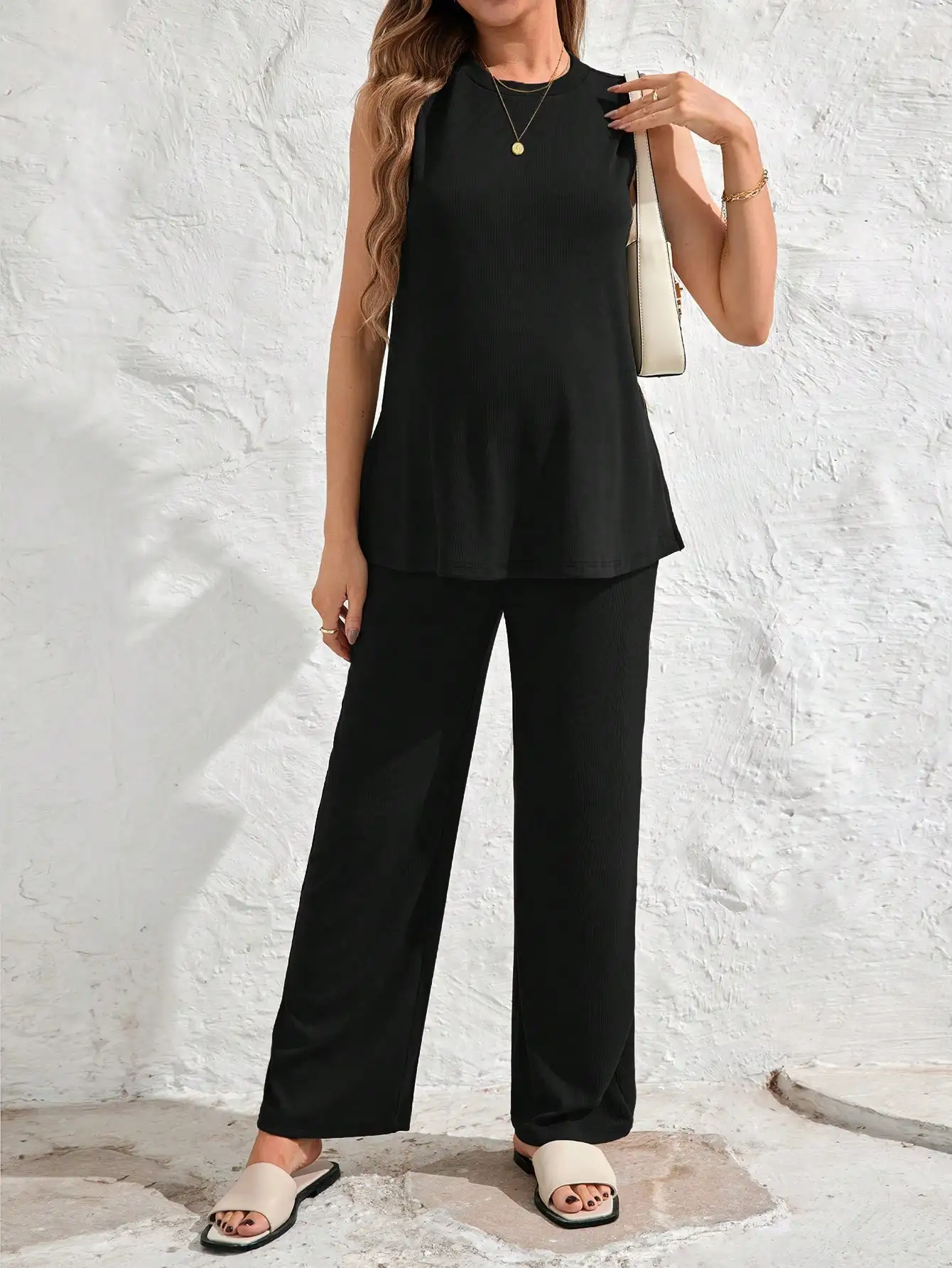 

Maternity 2 Piece Set Sleeveless Round Neck Top And Adjustable Waist Straight Leg Pants