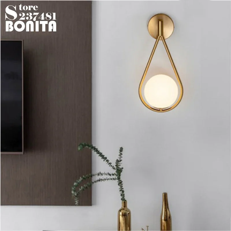 Home Decor Golden Annular Wall Lights Milky Glass Ball Wall Lamp Nordic Simple Brass Water Drop Wall Sconce for Bedroom