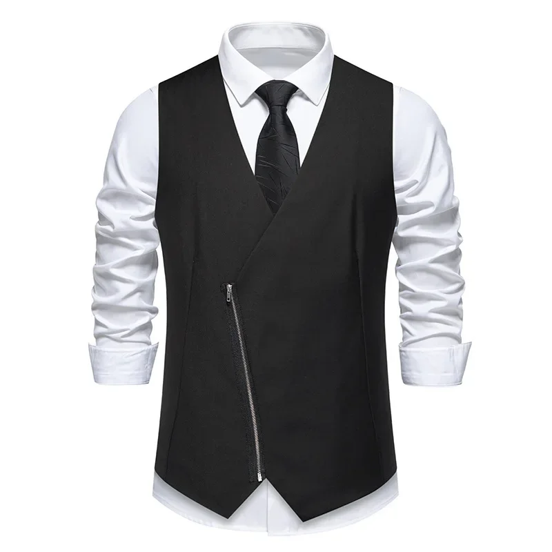 Men's New Autumn and Winter Fashion Solid Color V-neck Oblique Placket Zipper Suit Vest，British Slim-fit Casual Suit Waistcoat