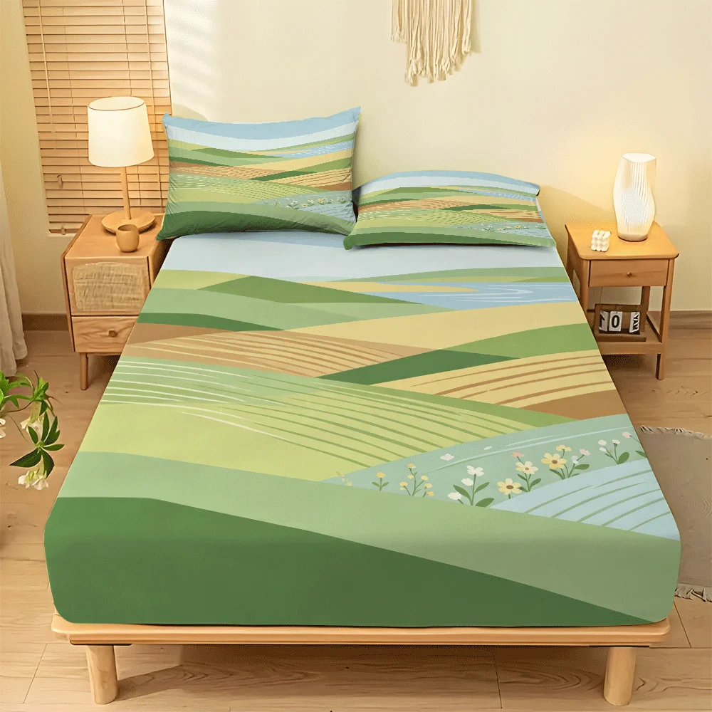 Fresh Summer Mattress Protector, 1 Fitted Sheet + 2 Pillowcases (Without Filling) 2D Flat Printing, Mattress Protector, Fitted Sheet Protector, Mattress Cover, Elastic Fitted Sheet Cover King/Twin/Queen Size Three-Piece Comfortable Decorative 2D Printed Bedding Set, Includes Deep Pocket Fitted Sheet and Two Pillowcases, Does Not Include Pillow Inserts, Machine Washable