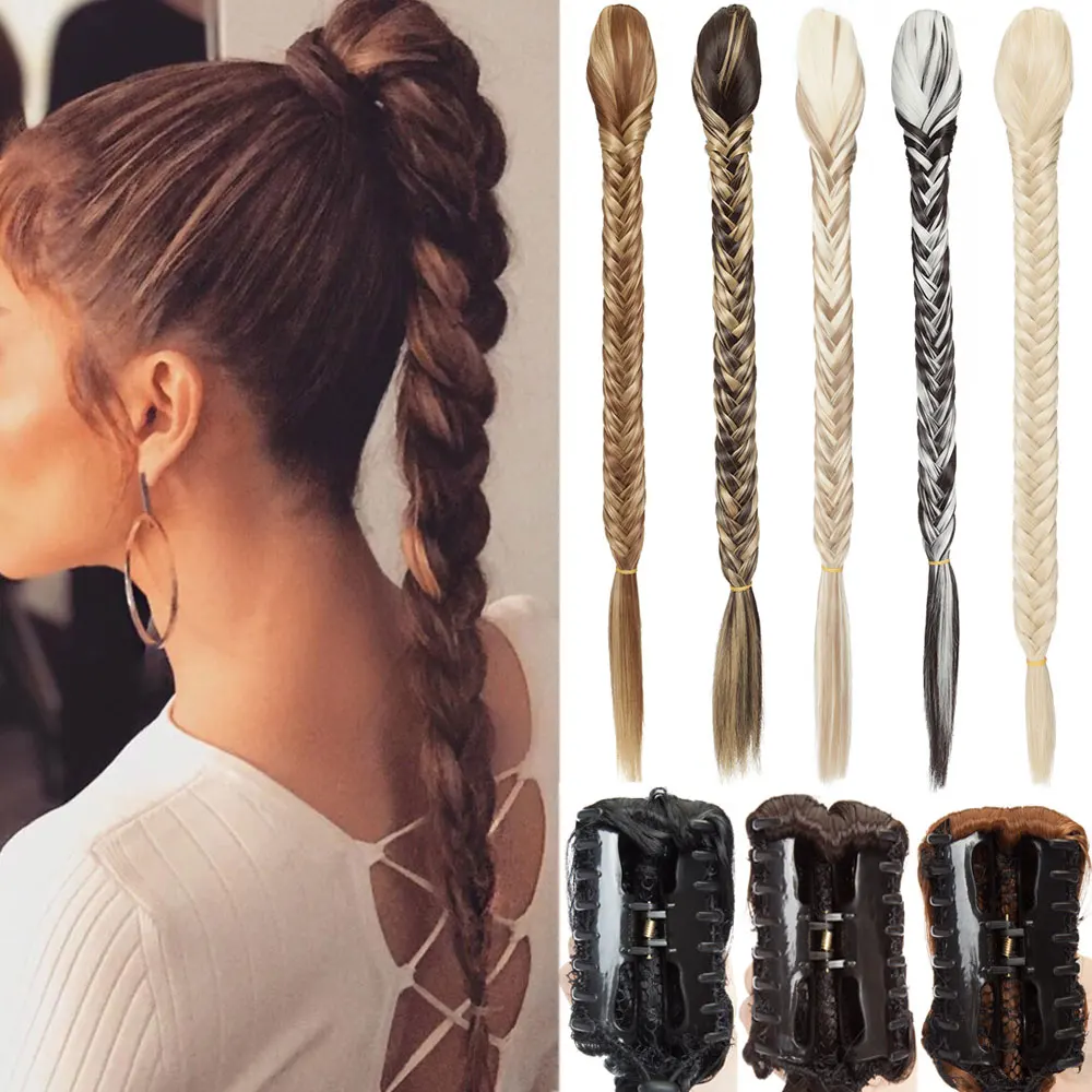 

Snoilite Synthetic Fishtail Braid Ponytail With Claw Clip 21" Long Braided Plaited Pony Tail Hairpieces Clip In Hair Extensions